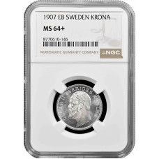 Sweden 1 krona 1907 EB, NGC MS64+, "King Oscar II (1873 - 1907)" silver coin