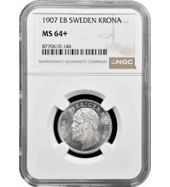 Sweden 1 krona 1907 EB, NGC MS64+, "King Oscar II (1873 - 1907)" silver coin