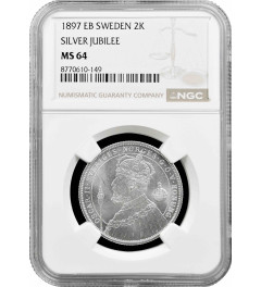 Sweden 2 kronor 1897 EB, NGC MS64, "25th Ann. - Accession of King Oscar II"