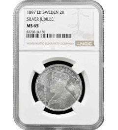 Sweden 2 kronor 1897 EB, NGC MS65, "25th Ann. - Accession of King Oscar II"