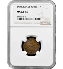 Nicaragua 1 centavo 1920, NGC MS64 BN, "Cordoba (1912 - 1990)" Pop 1/1