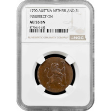 Austrian Netherlands 2 liards 1790, NGC AU58 BN, "Independence of Belgium"