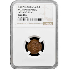 Niederländisch-Ostindien 1/2 Duit 1808, NGC MS63 BN, „Batavian Rep. (1800-1806)“