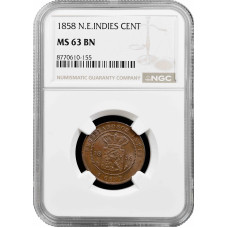 Голландская Ост-Индия 1 цент 1858 г., NGC MS63 BN, "Kолония (1826 - 1945)"