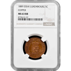 Luxembourg 5 centimes 1889, NGC MS63 RB ESSAI, "King William III (1849 - 1890)"