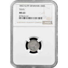 Дания 3 Ригсбанкскиллинг 1842 FF, NGC MS63, "Король Кристиан VIII (1839–1848)"