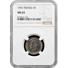 Франция 5 франков 1941 г., NGC MS63, "Маршал Филипп Петен"