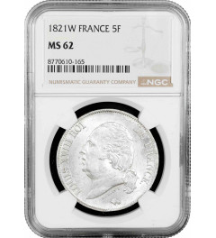 France 5 francs 1821 W, NGC MS62, "King Louis XVIII (1815 - 1824)" 