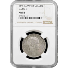 Нассау 1 гульден 1845 г., NGC AU58, "Герцог Адольф (1839–1866)" Pop 1/1