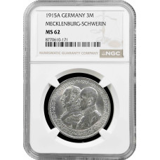 Мекленбург-Шверин 3 марки 1915 г., NGC MS62, "100 лет Великому Герцогству Мекленбург-Шверин"