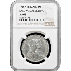 Саксен-Веймар-Эйзенах 3 марки 1915 г. A, NGC MS63, "100 лет Великим герцогам"