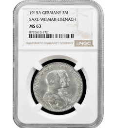 Saxe-Weimar-Eisenach 3 mark 1915 A, NGC MS63, "100th Anniversary - Grand Duke's"