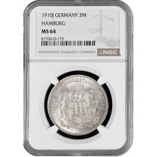 Гамбург 3 марки 1910 г., NGC MS64, "Вольный город Гамбург (1871 - 1918)"