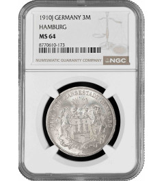 Hamburg 3 mark 1910 J, NGC MS64, "Free City (1871 - 1918)" silver coin