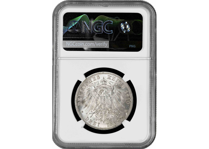 Hamburg 3 mark 1910 J, NGC MS64, "Free City (1871 - 1918)" silver coin