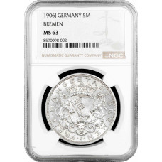 Bremen 5 mark 1906 J, NGC MS63, "Hanseatic city of Bremen (1871 - 1918)"