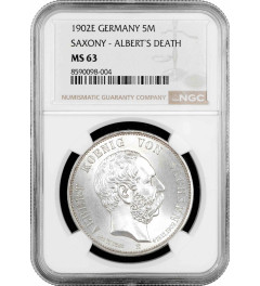 Saxony 5 mark 1902 E, NGC MS63, "Death of Albert of Saxony" silver coin