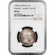 Саксония 2 марки 1902 г. E, NGC MS66, "Смерть Альберта Саксонского"