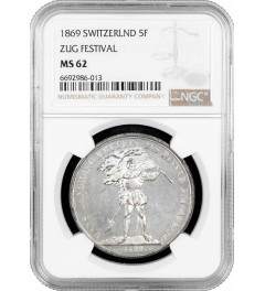 Switzerland 5 francs 1869, NGC MS62, "Zug Shooting Festival" silver coin