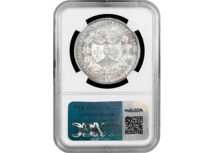 Schweiz 5 Franken 1869, NGC MS62, "Eidgenössisches Schützenfest 1869 in Zug"
