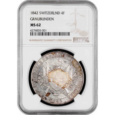 Schweiz 4 Franken 1842, NGC MS62, „Graubündener Schützenfest“