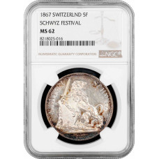 Schweiz 5 Franken 1867, NGC MS62, "Schwyzer Kantonalschützenfest"