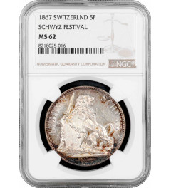 Switzerland 5 francs 1867, NGC MS62, "Schwyz Shooting Festival" silver coin