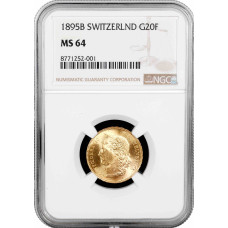 Швейцария 20 франков 1895 г. B, NGC MS64, "Швейцарская Конфедерация (1850 - 1916)"