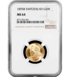 Switzerland 20 francs 1895 B, NGC MS64, "Confoederatio Helvetica (1850 - 1916)"