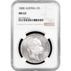 Австрия 2 флорина 1888 г., NGC MS62, "Император Франц Иосиф I (1848 - 1916)"