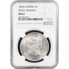 Австрия 2 гульдена 1854 г., NGC MS61, "Свадьба Императора Франца Иосифа и Сисси"