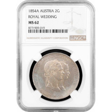 Австрия 2 гульдена 1854 г., NGC MS62, "Свадьба Императора Франца Иосифа и Сисси"