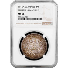 Preußen 3 Mark 1915 A, NGC MS66, "100. Jahrestag der Vereinigung Mansfeld"