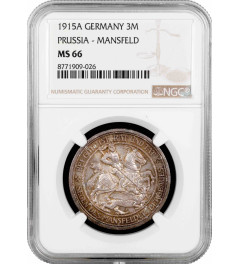 Prussia 3 mark 1915 A, NGC MS66, "100th Anniversary - Absorption of Mansfeld"