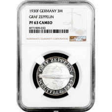 Веймарская Республика 3 рейхсмарки 1930 г. F, NGC MS63 CAM, "Полёт дирижабля "Граф Цеппелин"