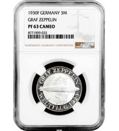 Weimar Republic 3 reichsmark 1930 F, NGC PF63 CAM, "Flight of the Graf Zeppelin"