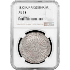 Аргентина 8 реалов 1837 г. RA P, NGC AU58, "Провинция Рио-де-ла-Плата (1810–1831)"