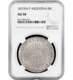 Argentina 8 reales 1837 RA P, NGC AU58, "Province Rio de la Plata (1810 - 1831)"