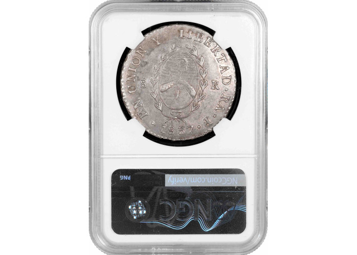 Аргентина 8 реалов 1837 г. RA P, NGC AU58, "Провинция Рио-де-ла-Плата (1810–1831)"