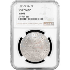 Spanien 5 Peseten 1873, NGC MS63, „Revolutionsgemeinde Cartagena“