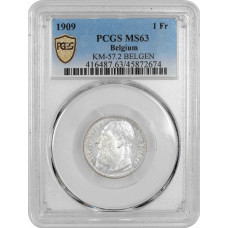 Belgium 1 franc 1909 Dutch, PCGS MS63, "King Leopold II (1865 - 1909)"
