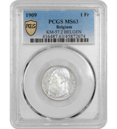 Belgium 1 franc 1909 Dutch, PCGS MS63, "King Leopold II (1865 - 1909)"