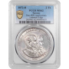 Saxony 2 vereinsthaler 1872, PCGS MS62, "Anniversary of Golden Wedding"