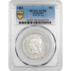 Argentinien 50 Centavos 1883, PCGS AU58, "Argentinischer Peso (1881 - 1969)"