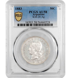 Argentina 50 centavos 1883, PCGS AU58, "Argentine Peso (1881 - 1969)"