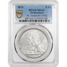 Schweiz 5 Franken 1874, PCGS MS63, "Eidgenössisches Schützenfest in Sankt Gallen"