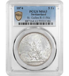 Switzerland 5 francs 1874, PCGS MS63, "St. Gallen Shooting Festival" silver coin
