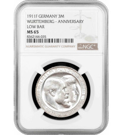 Wurttemberg 3 mark 1911 F, NGC MS65, "Silver Wedding of William II & Charlotte"