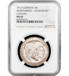 Wurttemberg 3 mark 1911 F, NGC MS65, "Silver Wedding of William II & Charlotte"