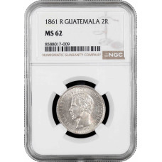 Guatemala 2 Reales 1861 R, NGC MS62, "Präsident Rafael Carrera (1851 - 1865)"